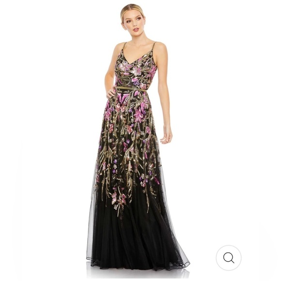 Mac Duggal V NECK FLORAL EMBELLISHED SPAGHETTI STRAP GOWN in black multi size 22 - Picture 1 of 17